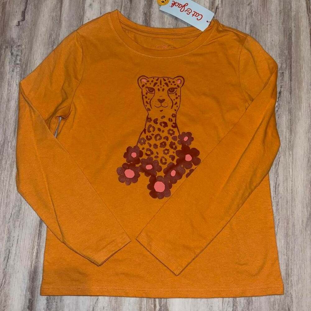 Cat & Jack Orange Long Sleeve Cheetah Floral Graphic T-Shirt